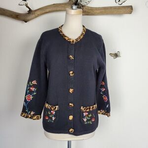 Storybook knit embroidered leopard trim cardigan